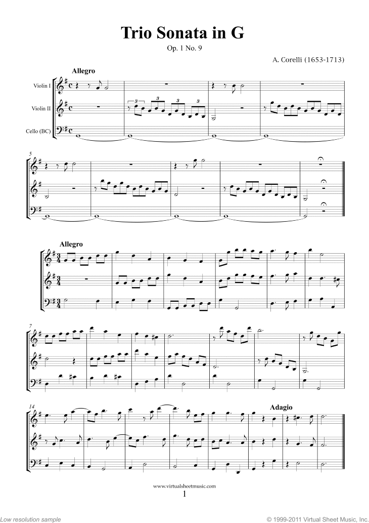 Noten Trio Sonata in G major Op.1 No.9 (komplett)