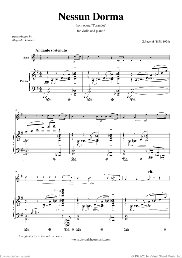 Noten Nessun Dorma, from the opera Turandot