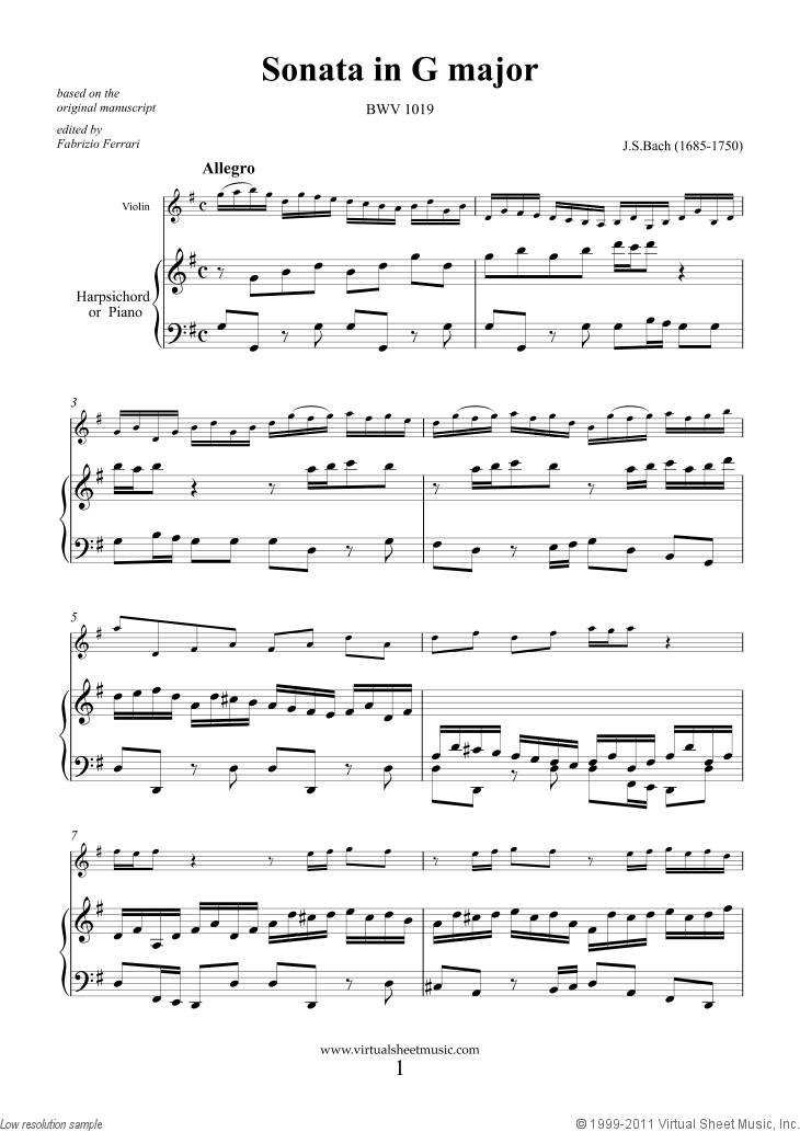 Noten Sonata in G major BWV 1019