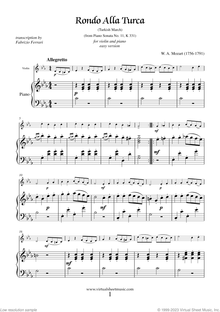 Noten Rondo "Alla Turca" - Turkish March (leichte Version)